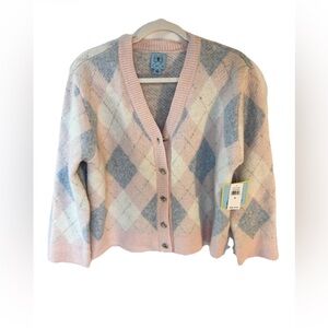 CeCe Pink and Blue Argyle Cardigan MED NWT